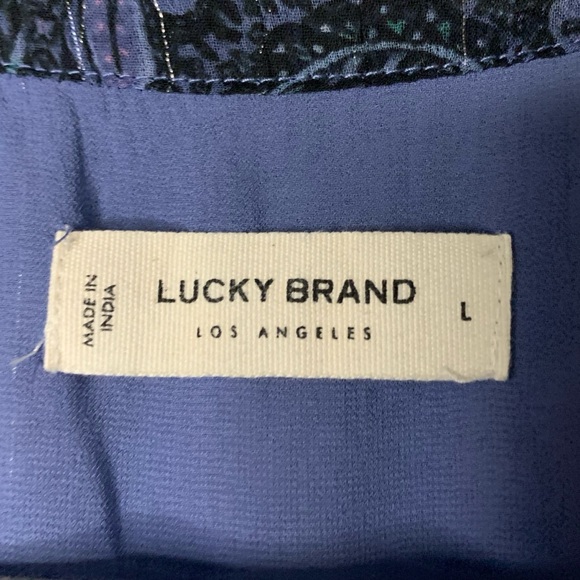 Lucky Brand Blue Paisley Floral Print Sheer Bubble Hem Puff Sleeve Peasant Top L - Picture 4 of 5